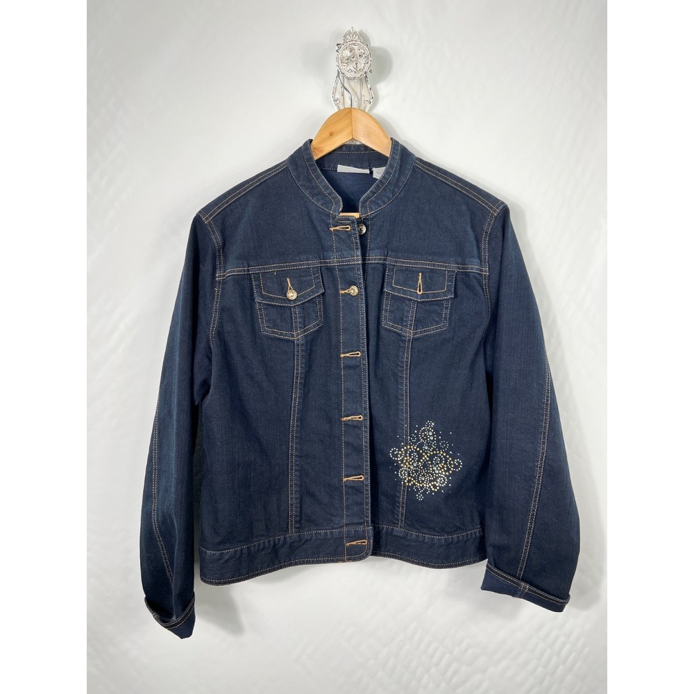 Chico's Platinum Denim Jacket Women Size 2 Dark Blue Rhinestone Embellished Glam